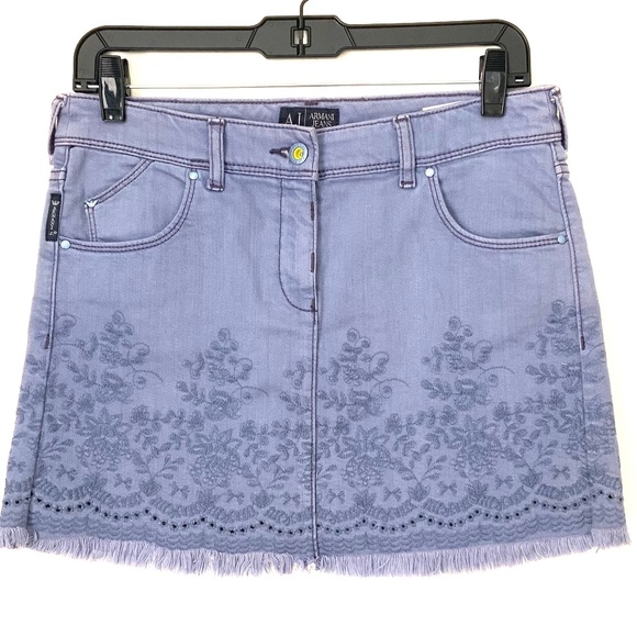 Armani Jeans Fringed Embroidered Mini Lilac Jean Skirt $380 - Picture 1 of 5